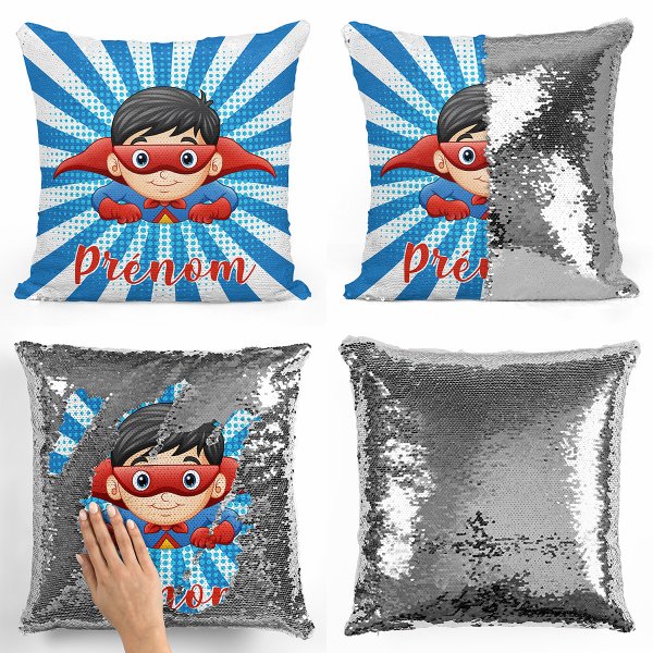 coussin pillow mermaid à sequin magique enfant reversible et personnalisable avec motif super-héros de couleur argent