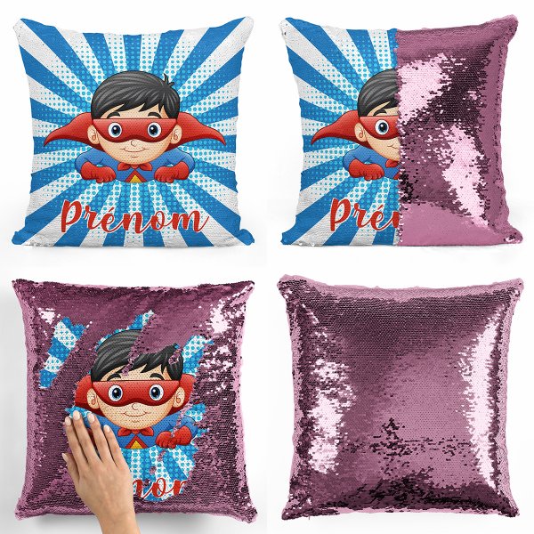 coussin pillow mermaid à sequin magique enfant reversible et personnalisable avec motif super-héros de couleur rose clair