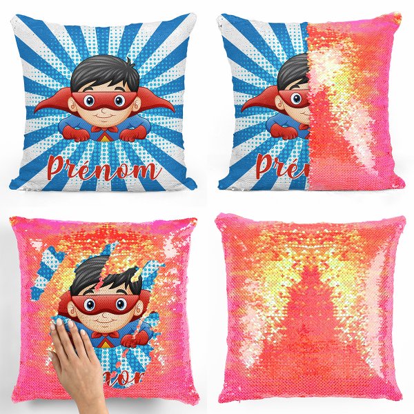 coussin pillow mermaid à sequin magique enfant reversible et personnalisable avec motif super-héros de couleur orange nacré