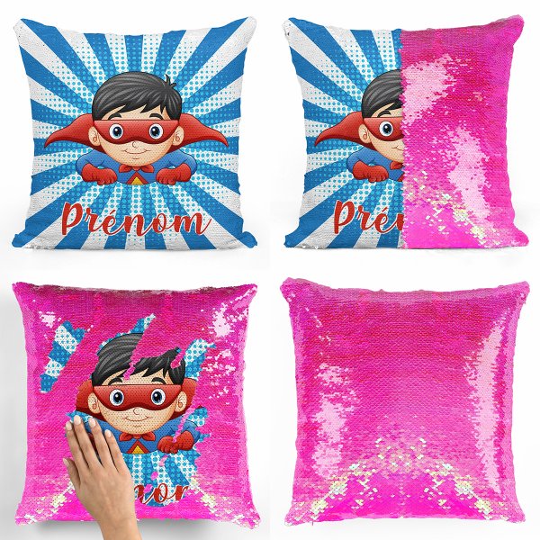 coussin pillow mermaid à sequin magique enfant reversible et personnalisable avec motif super-héros de couleur rose nacré