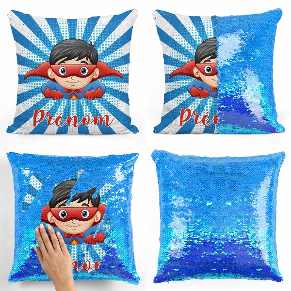 coussin pillow mermaid à sequin magique enfant reversible et personnalisable avec motif super-héros de couleur bleu nacré