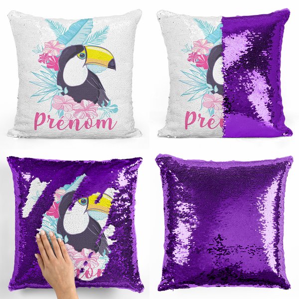 coussin pillow mermaid à sequin magique enfant reversible et personnalisable avec motif toucan tropical de couleur violet