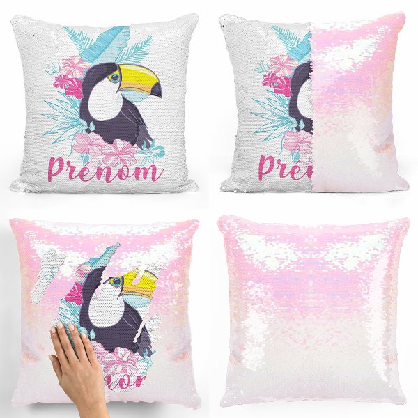 coussin pillow mermaid à sequin magique enfant reversible et personnalisable avec motif toucan tropical de couleur blanc nacré