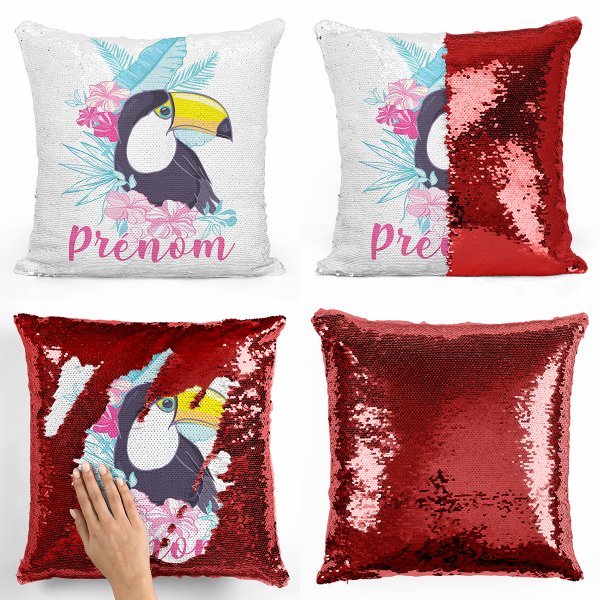 coussin pillow mermaid à sequin magique enfant reversible et personnalisable avec motif toucan tropical de couleur rouge