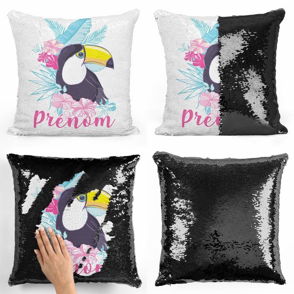 coussin pillow mermaid à sequin magique enfant reversible et personnalisable avec motif toucan tropical de couleur noir