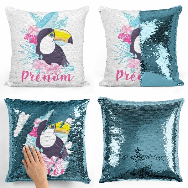 coussin pillow mermaid à sequin magique enfant reversible et personnalisable avec motif toucan tropical de couleur bleu clair