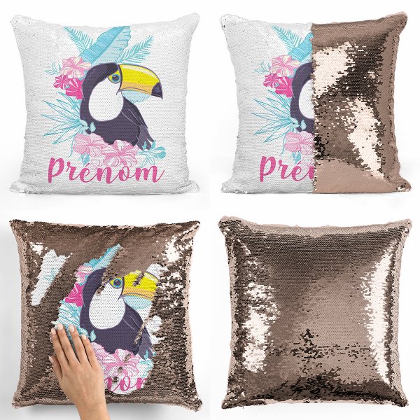 coussin pillow mermaid à sequin magique enfant reversible et personnalisable avec motif toucan tropical de couleur champagne