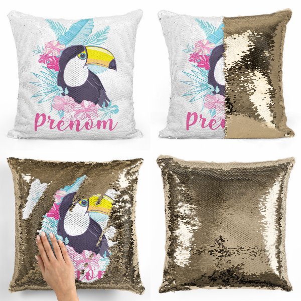 coussin pillow mermaid à sequin magique enfant reversible et personnalisable avec motif toucan tropical de couleur or doré