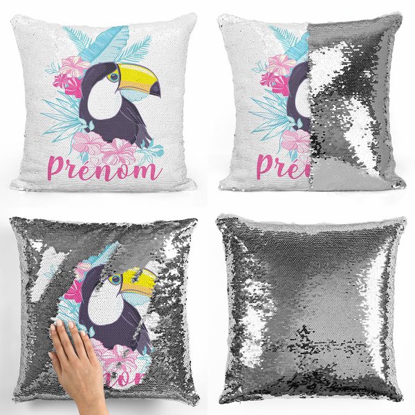 coussin pillow mermaid à sequin magique enfant reversible et personnalisable avec motif toucan tropical de couleur argent