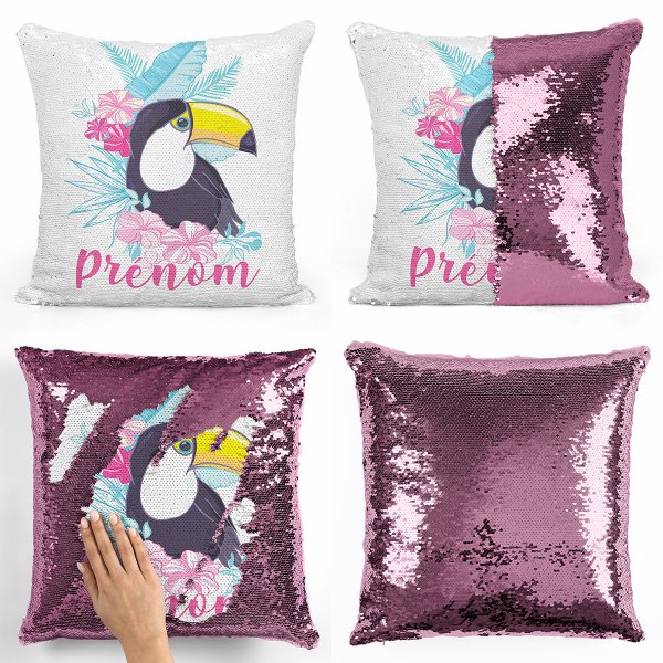 coussin pillow mermaid à sequin magique enfant reversible et personnalisable avec motif toucan tropical de couleur rose clair