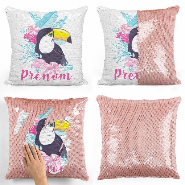 coussin pillow mermaid à sequin magique enfant reversible et personnalisable avec motif toucan tropical de couleur saumon