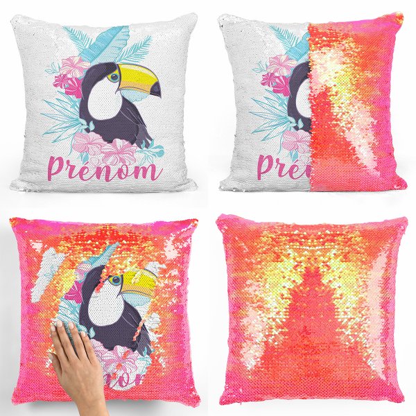 coussin pillow mermaid à sequin magique enfant reversible et personnalisable avec motif toucan tropical de couleur orange nacré