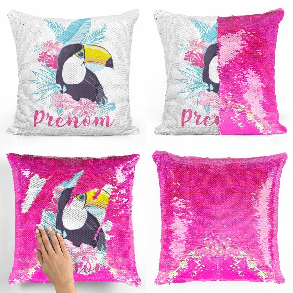 coussin pillow mermaid à sequin magique enfant reversible et personnalisable avec motif toucan tropical de couleur rose nacré