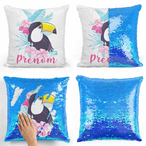 coussin pillow mermaid à sequin magique enfant reversible et personnalisable avec motif toucan tropical de couleur bleu nacré