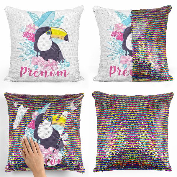 coussin pillow mermaid à sequin magique enfant reversible et personnalisable avec motif toucan tropical de couleur multicolore