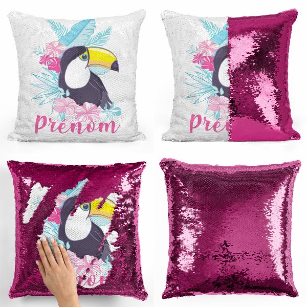 coussin pillow mermaid à sequin magique enfant reversible et personnalisable avec motif toucan tropical de couleur fushia