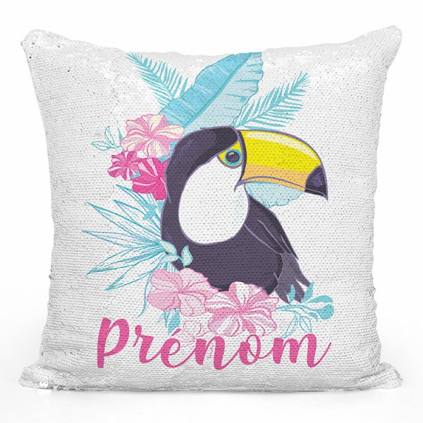 coussin pillow mermaid à sequin magique enfant reversible et personnalisable avec motif toucan tropical