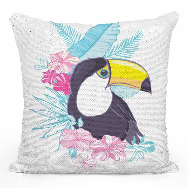 coussin pillow mermaid à sequin magique enfant reversible avec motif toucan tropical