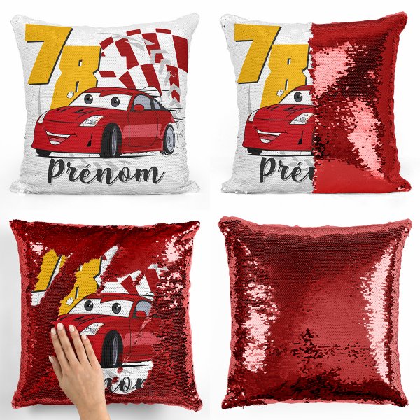 coussin pillow mermaid à sequin magique enfant reversible et personnalisable avec motif voiture de course de couleur rouge