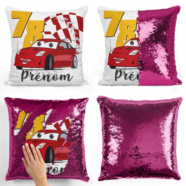 coussin pillow mermaid à sequin magique enfant reversible et personnalisable avec motif voiture de course de couleur fushia