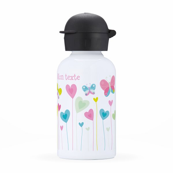 Gourde isotherme personnalisable pour enfants vue du coté droit motif Fleurs coeurs