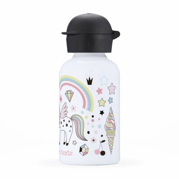 Gourde isotherme personnalisable pour enfants vue du coté droit motif licornes arc-en-ciel