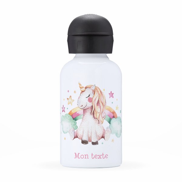 Gourde isotherme personnalisable pour enfants motif licorne nuages et arc-en-ciel