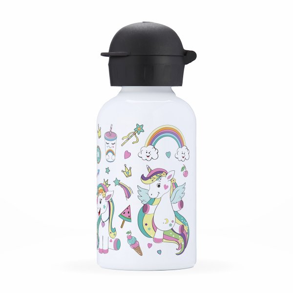 Gourde isotherme personnalisable pour enfants vue du coté droit motif licornes et accessoires