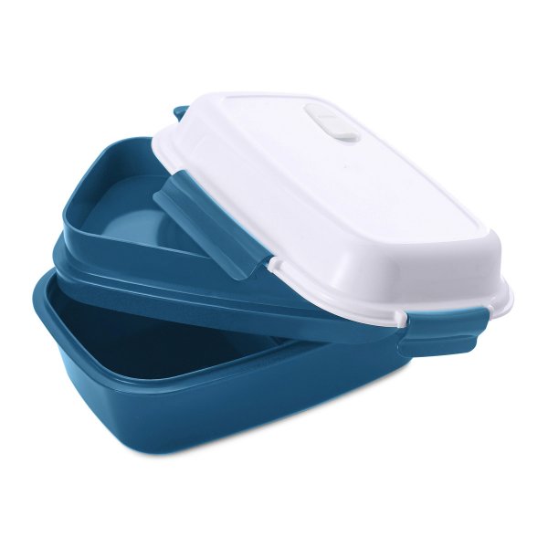 Lunch box - bento - boite à repas isotherme vue couvercle couvert couleur bleu pétrole