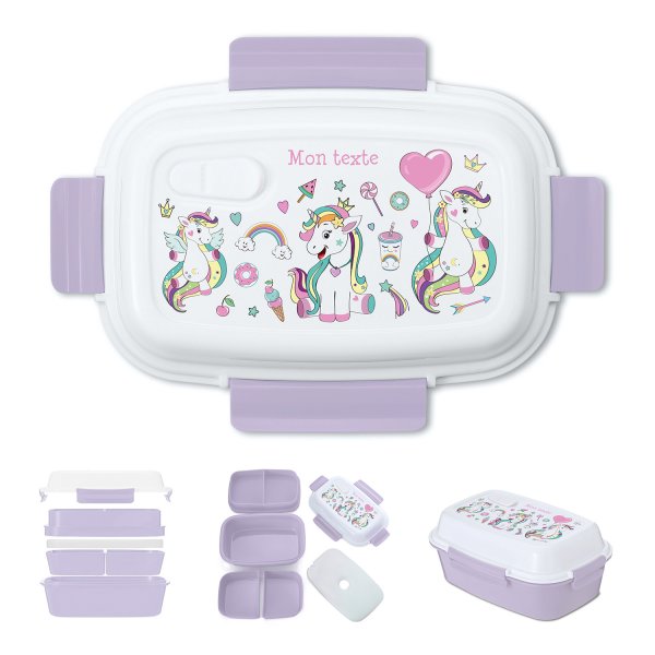 Lunch box - bento - boite à repas personnalisable pour enfants motif licornes couleur parme
