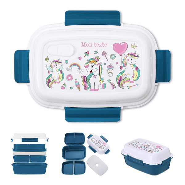 Lunch box - bento - boite à repas personnalisable pour enfants motif licornes couleur bleu pétrole