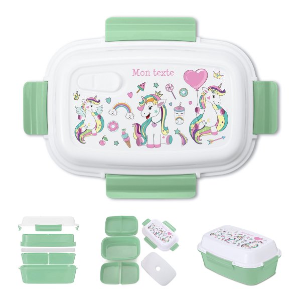 Lunch box - bento - boite à repas personnalisable pour enfants motif licornes couleur vert