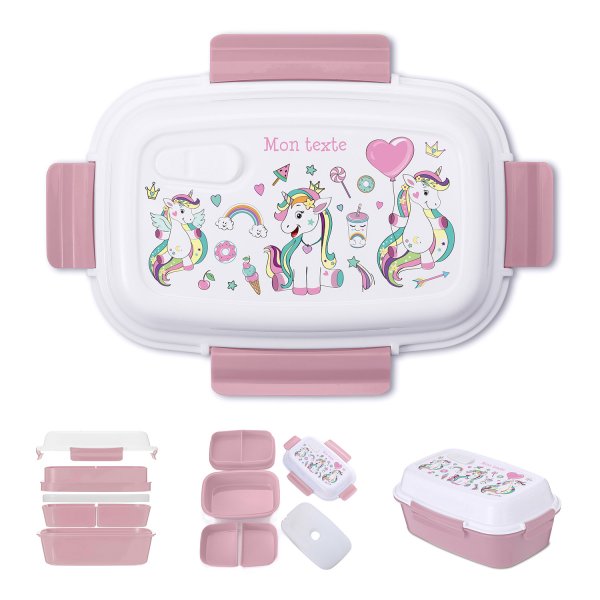 Lunch box - bento - boite à repas personnalisable pour enfants motif licornes couleur vieux rose