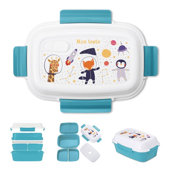Lunch box - bento - boite à repas personnalisable pour enfants motif animaux astronautes couleur bleu
