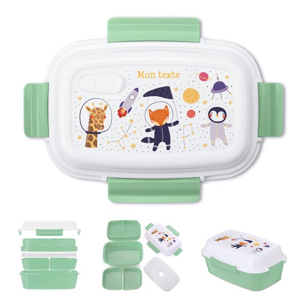 Lunch box - bento - boite à repas personnalisable pour enfants motif animaux astronautes couleur vert