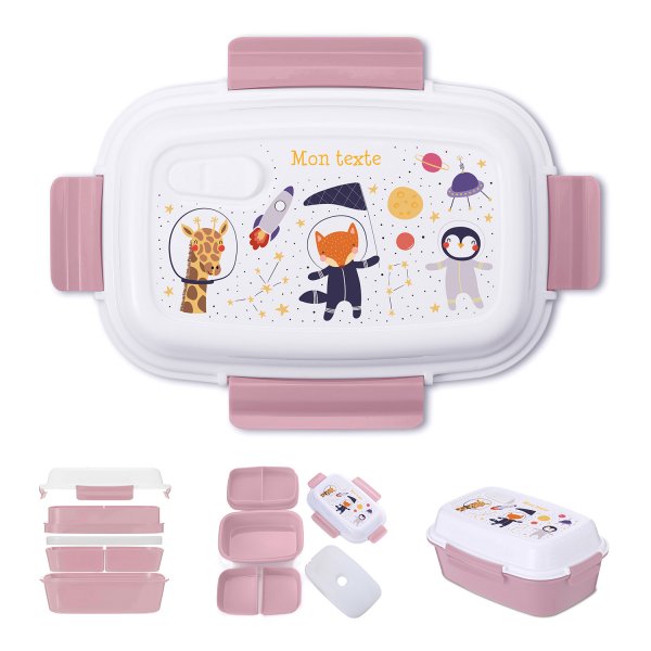 Lunch box - bento - boite à repas personnalisable pour enfants motif animaux astronautes couleur vieux rose