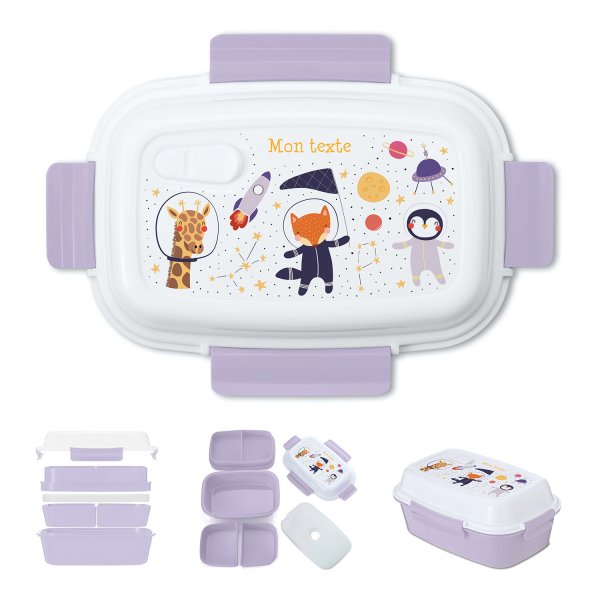 Lunch box - bento - boite à repas personnalisable pour enfants motif animaux astronautes couleur parme