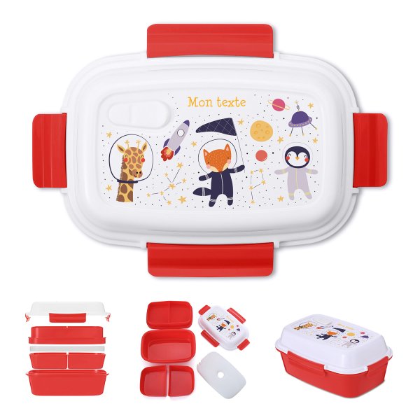 Lunch box - bento - boite à repas personnalisable pour enfants motif animaux astronautes couleur rouge