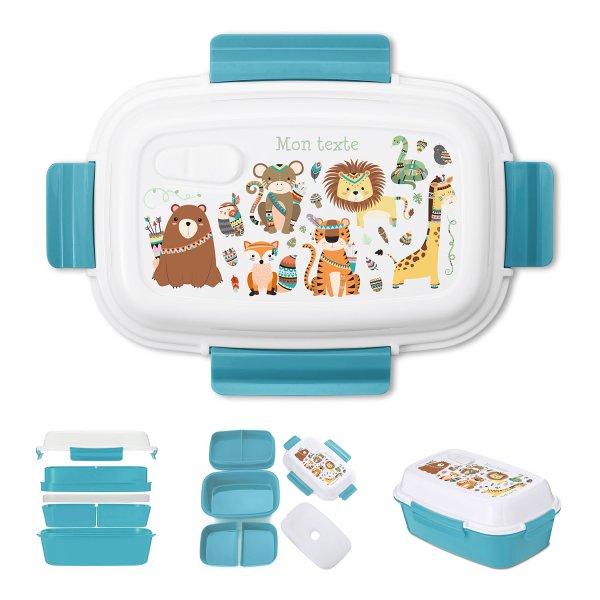 Lunch box - bento - boite à repas personnalisable pour enfants motif animaux indiens couleur bleu