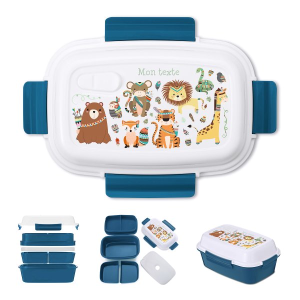 Lunch box - bento - boite à repas personnalisable pour enfants motif animaux indiens couleur bleu pétrole