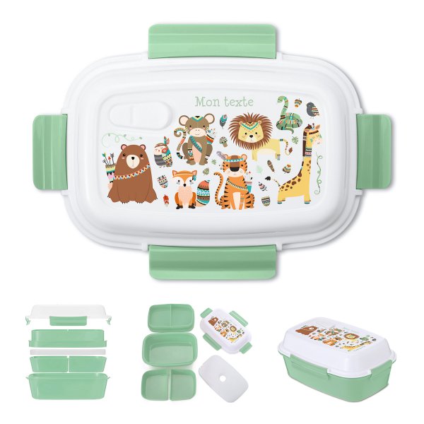 Lunch box - bento - boite à repas personnalisable pour enfants motif animaux indiens couleur vert