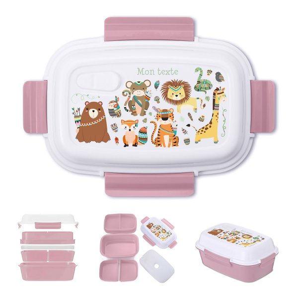 Lunch box - bento - boite à repas personnalisable pour enfants motif animaux indiens couleur vieux rose