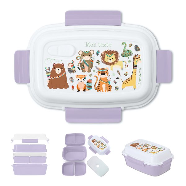 Lunch box - bento - boite à repas personnalisable pour enfants motif animaux indiens couleur parme
