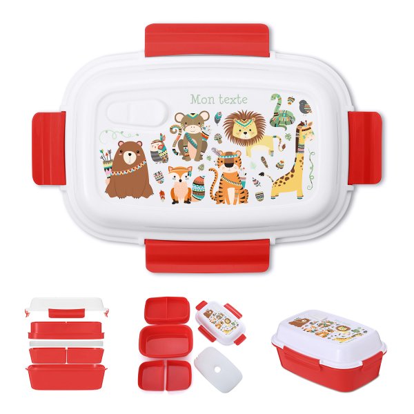 Lunch box - bento - boite à repas personnalisable pour enfants motif animaux indiens couleur rouge