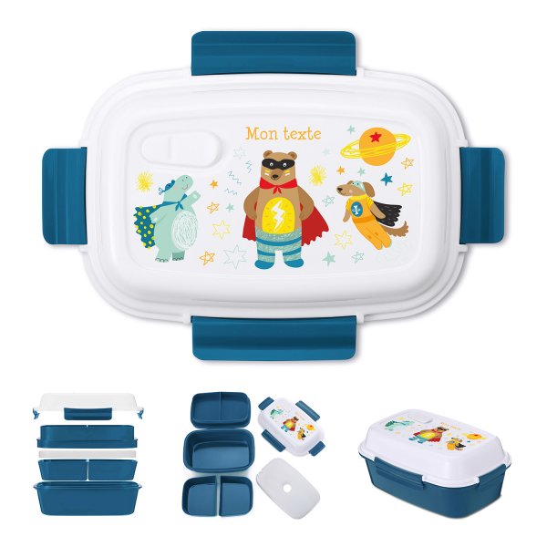 Lunch box - bento - boite à repas personnalisable pour enfants motif super-héros couleur bleu pétrole