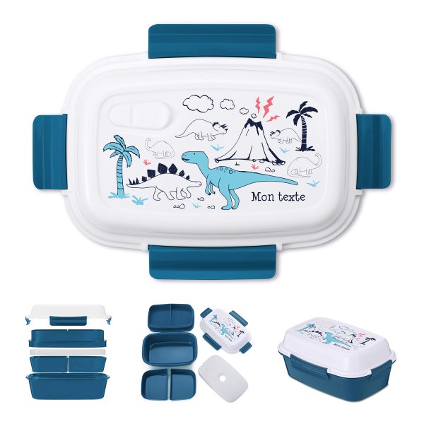 Lunch box - bento - boite à repas personnalisable pour enfants motif dinosaures couleur bleu pétrole