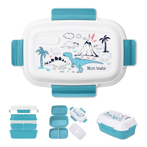 Lunch box - bento - boite à repas personnalisable pour enfants motif dinosaures couleur bleu