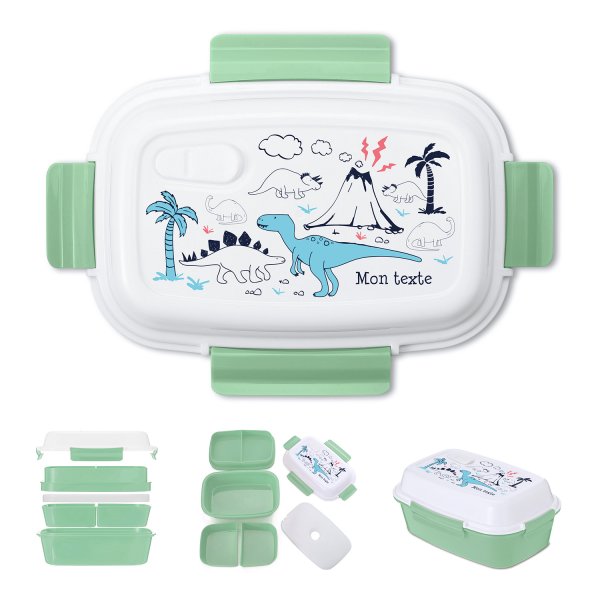 Lunch box - bento - boite à repas personnalisable pour enfants motif dinosaures couleur vert