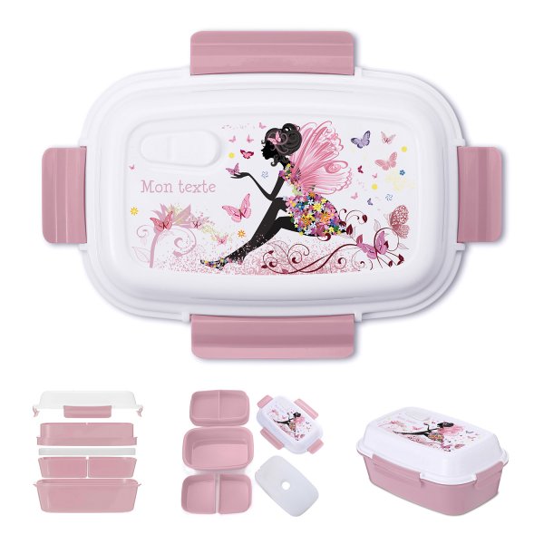 Lunch box - bento - boite à repas personnalisable pour enfants motif fée avec papillons couleur vieux rose