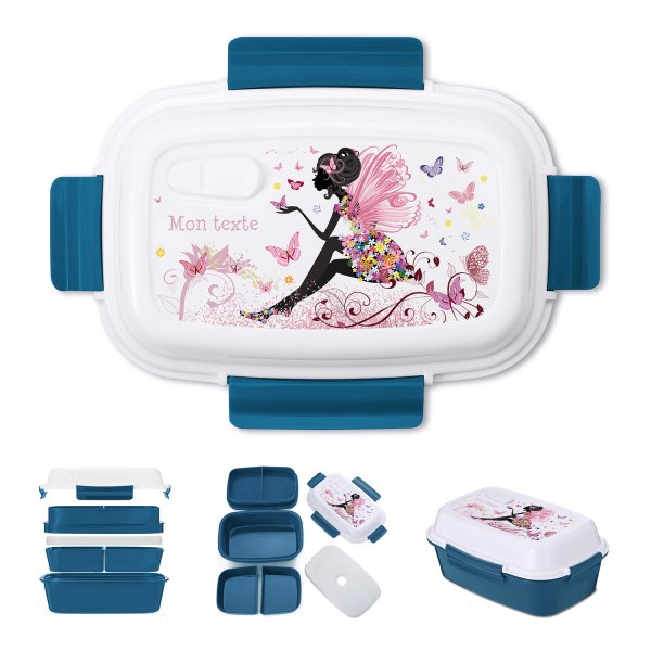 Lunch box - bento - boite à repas personnalisable pour enfants motif fée avec papillons couleur bleu pétrole